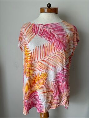 Tropical Palm Print Top - Pink & Orange sleeveless Tahari Large